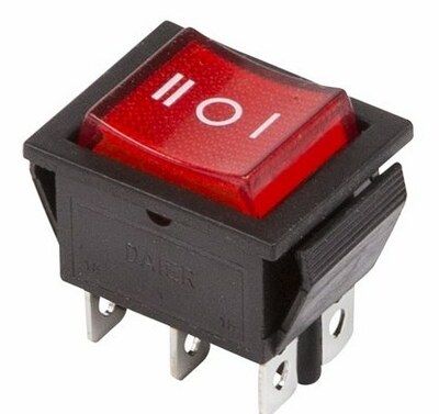 36-2390 ∙ Выключатель клавишный 250V 15А (6с) ON-OFF-ON красный с подсветкой и нейтралью REXANT ∙ кратно 10 шт
